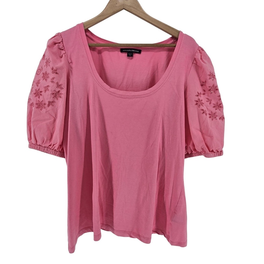 Boston Proper Knit Top Womens XL Pink Eyelet Embroidered Puff Sleeve Scoop Neck